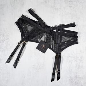Honey Birdette Janet Black Waspie Suspender Garter Belt Size L